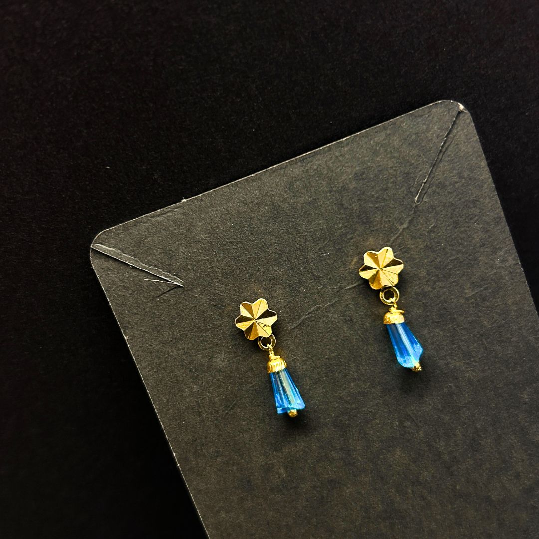 Gold Flower with Blue Drop Earrings
