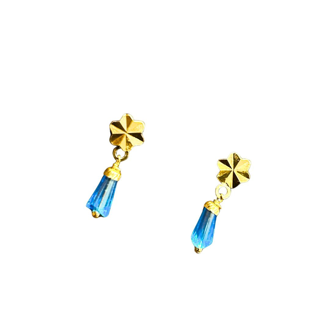Gold Flower with Blue Drop Earrings